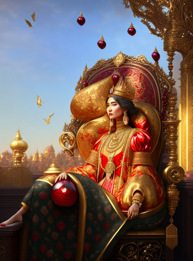 Regal woman in traditional attire on golden throne with butterflies.