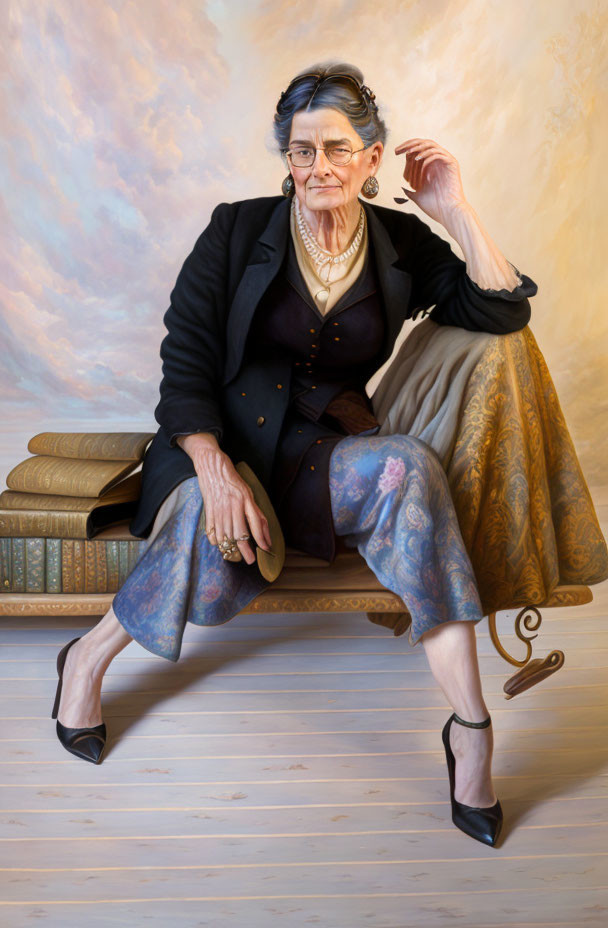 Elder woman in black blazer and patterned skirt on bench with hat, against painted backdrop