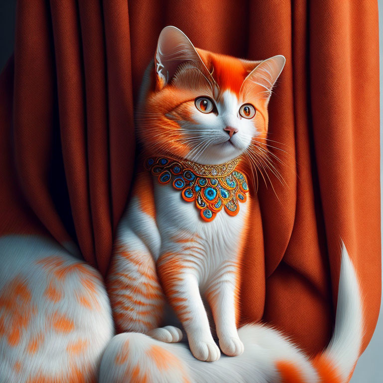 Orange and White Cat with Blue Eyes and Blue Collar Against Russet Background