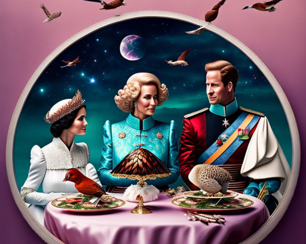 Regal individuals at table with surreal bird-filled space setting