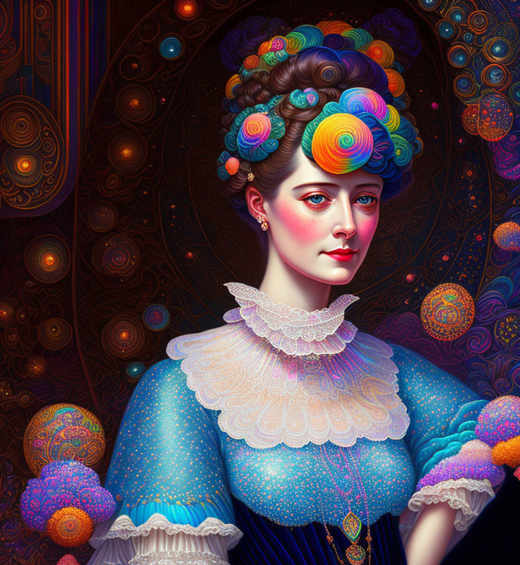 Colorful Stylized Portrait of Woman with Rainbow Hair and Cosmic Background