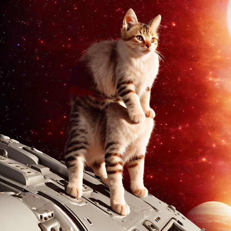 Tabby cat on spacecraft gazes at stars and planet