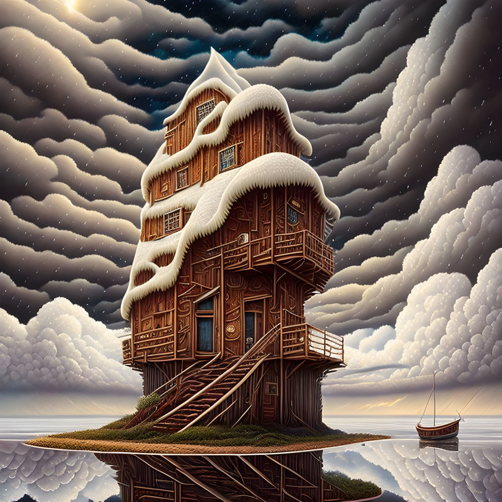 Illustration of snow-covered wooden house on floating island above calm sea under starry sky.