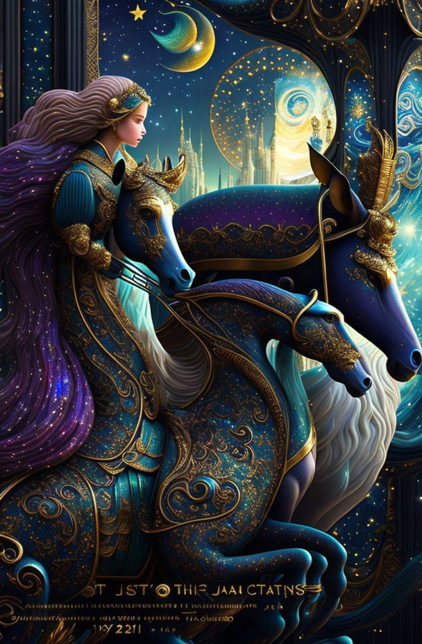 Fantasy Artwork: Woman with Starry Crown Riding Blue Unicorn under Crescent Moon