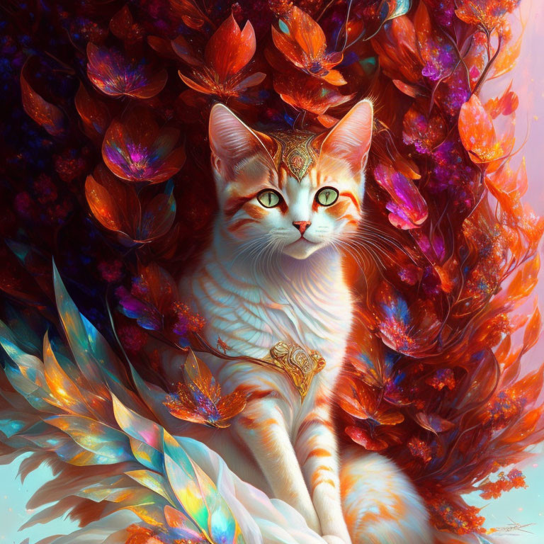 Regal orange cat with crown and necklace in colorful setting
