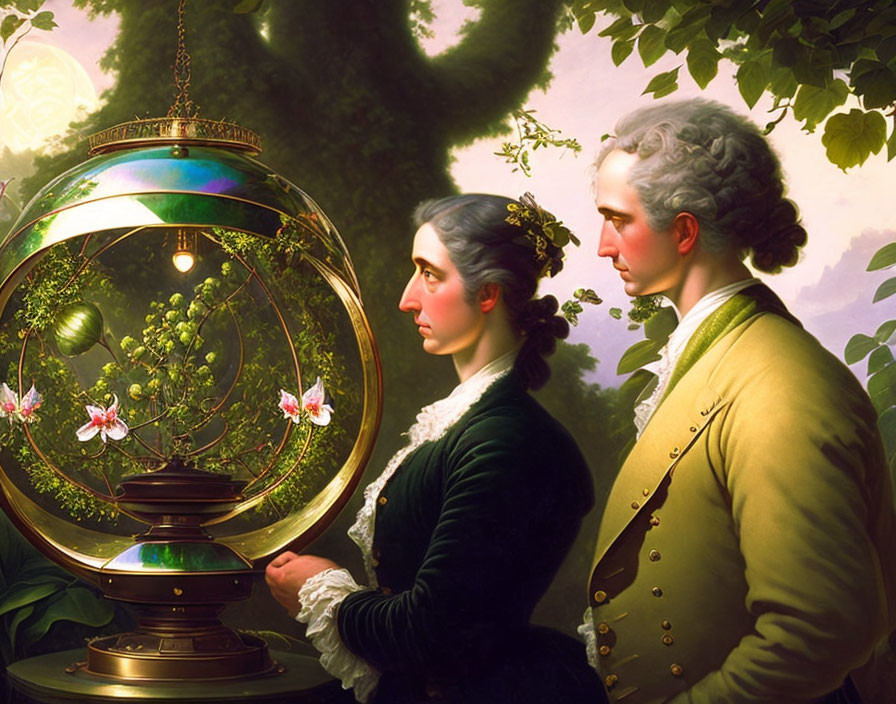 18th-Century Couple Admiring Celestial Globe in Lush Setting