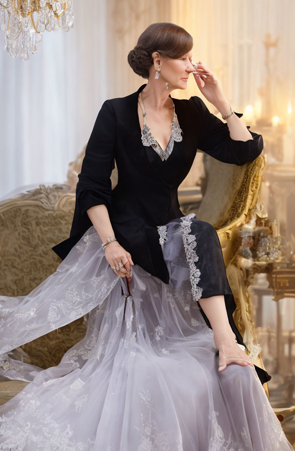 Sophisticated woman in black blazer and white lace gown seated in luxurious room