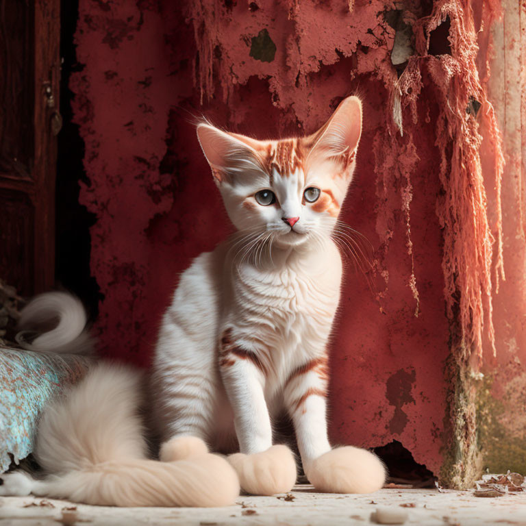 White and Ginger Kitten with Striking Eyes Against Red Wall and Drapery