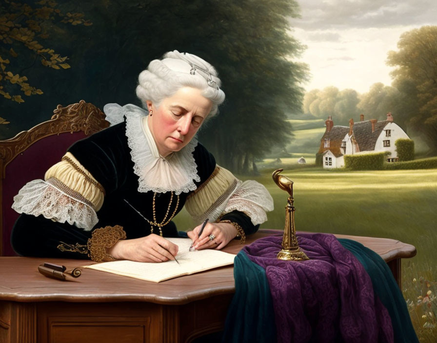 Elderly woman in period dress writing outdoors with countryside background