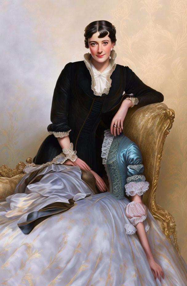 Portrait of a Woman in Black Dress on Gold Chair with Lace Collar