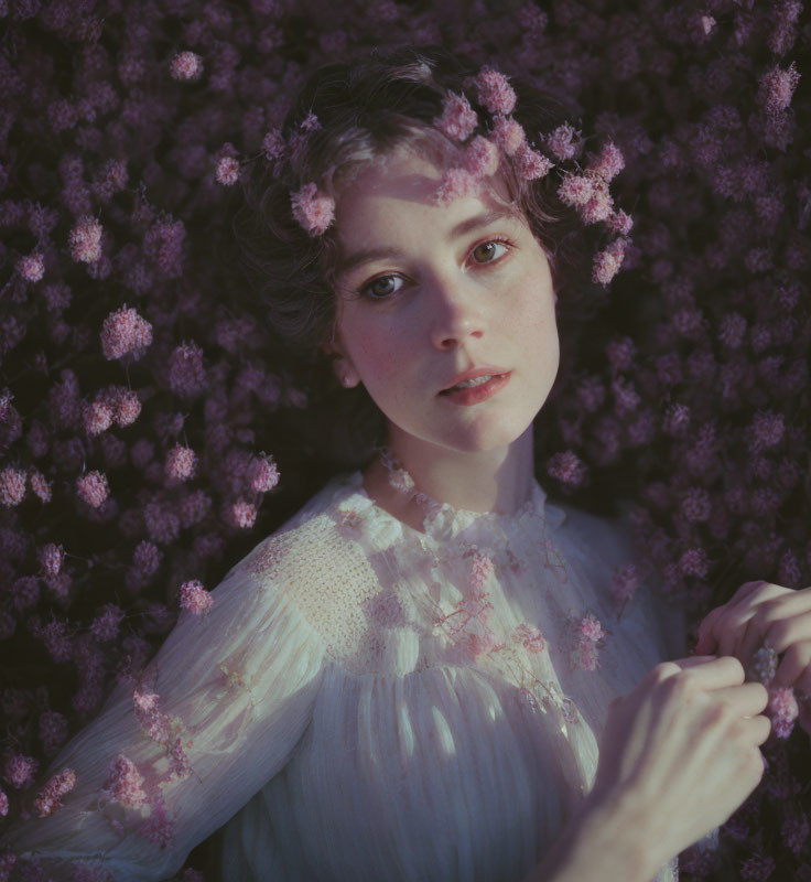 Young woman in floral headpiece amidst lilac blooms and lace dress