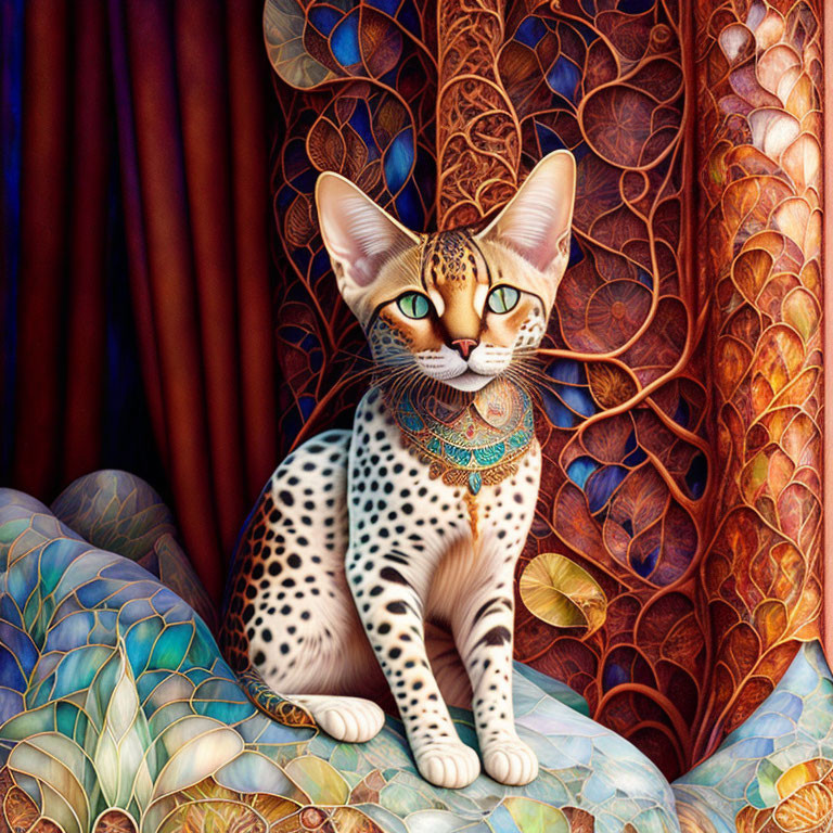 Illustrated cat with jeweled collar in ornate setting