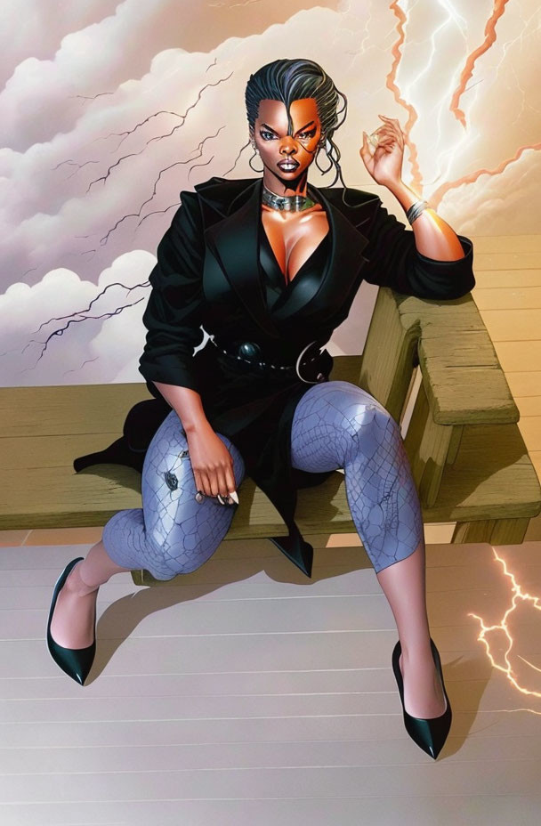 Female superhero in black blazer and heels on bench with stormy backdrop