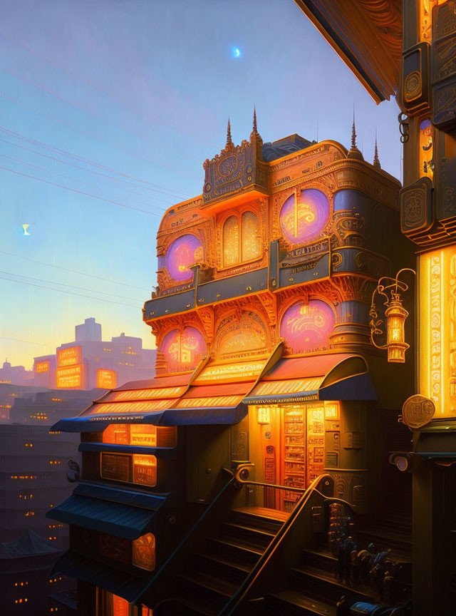 Ornate multi-tiered building with glowing purple orbs in dusky cityscape