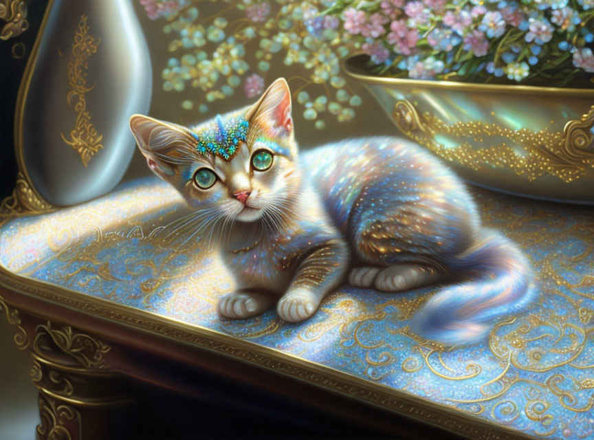 Illustration of a Sparkling Kitten with Blue Eyes on Cushion with Jeweled Headpiece and