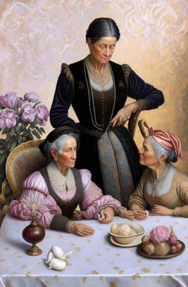 Three Elderly Women in Traditional Clothing with Fruits