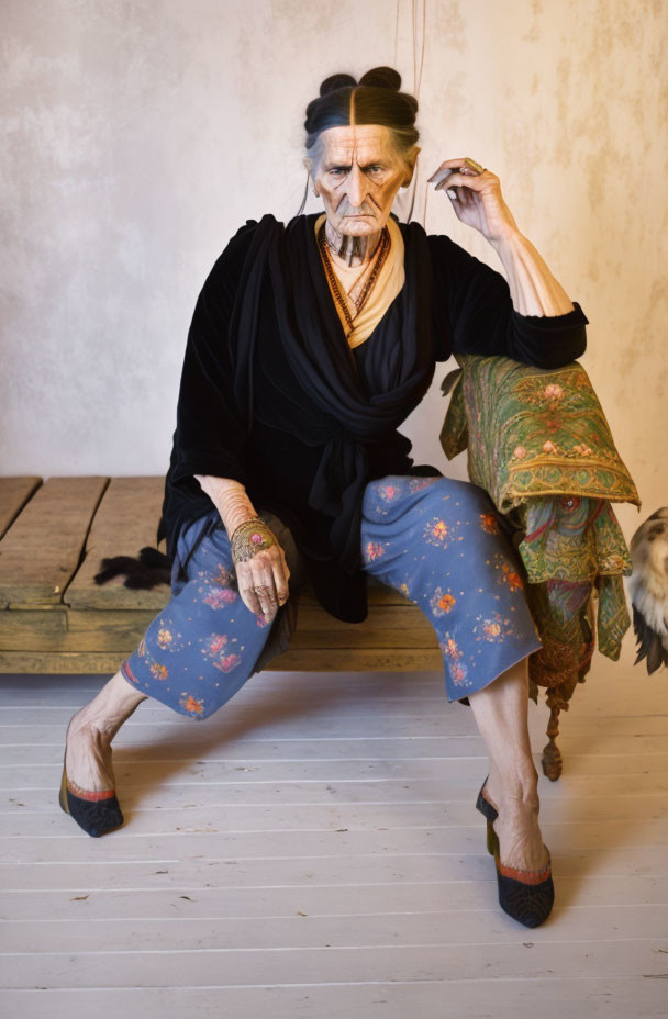 Elderly person with stern expression on wooden bench with traditional tattoos, scarf, printed trousers, and