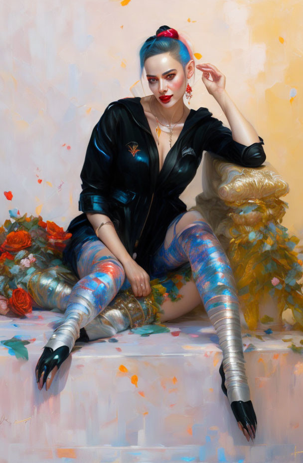 Stylized painting of woman with blue hair and metallic leggings lounging on chair
