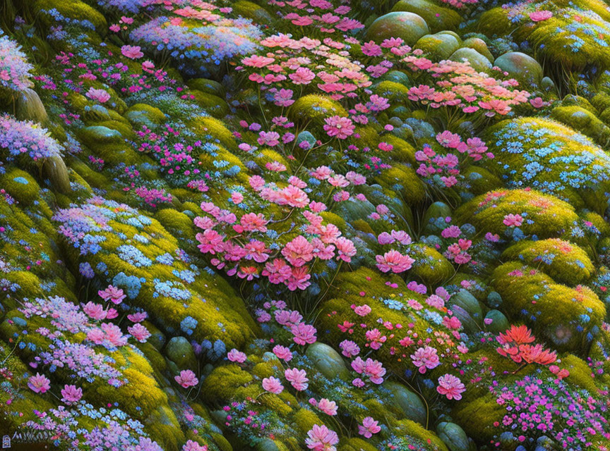 Colorful Floral Mosaic on Moss-Covered Rocks