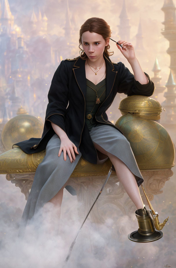 Woman with sword on golden sphere in fantasy cityscape
