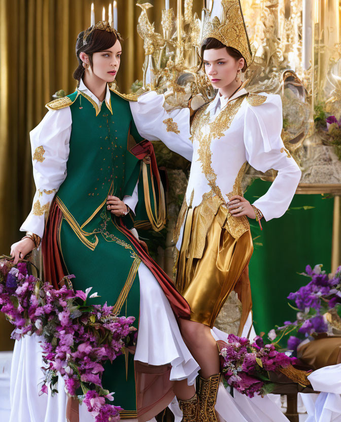 Elaborate Royal Costumes with Gold Accents and Ornate Backdrop