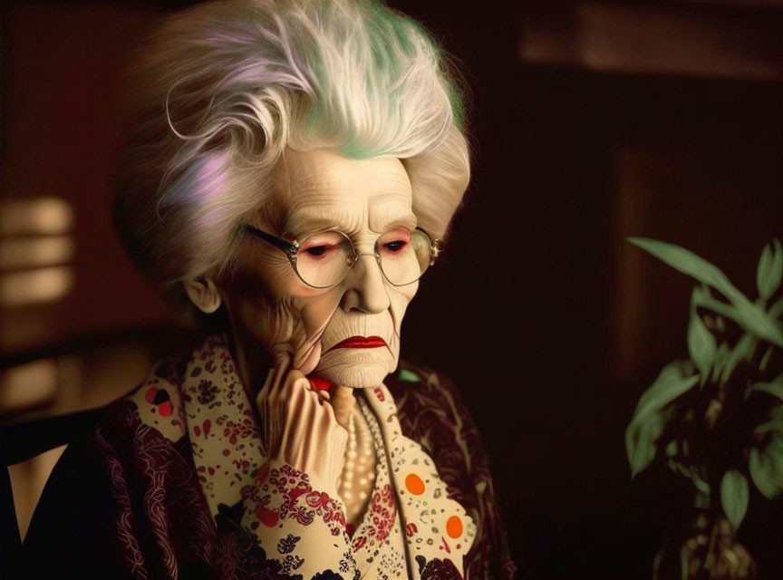Elderly woman with turquoise hair and red glasses in floral robe, lost in thought