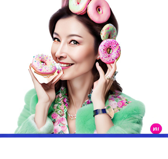 Playful woman with donut and green top in hair.