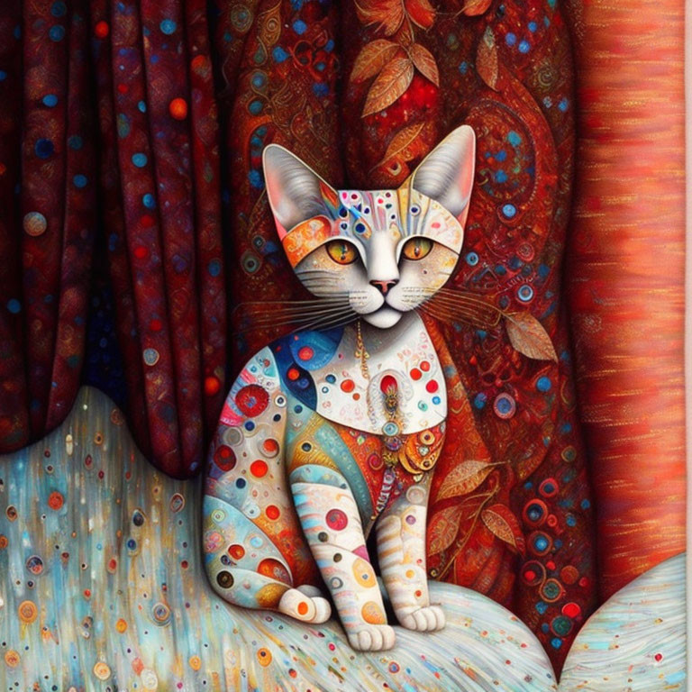 Colorful Patterned Cat Illustration with Intricate Designs on Textured Drapery