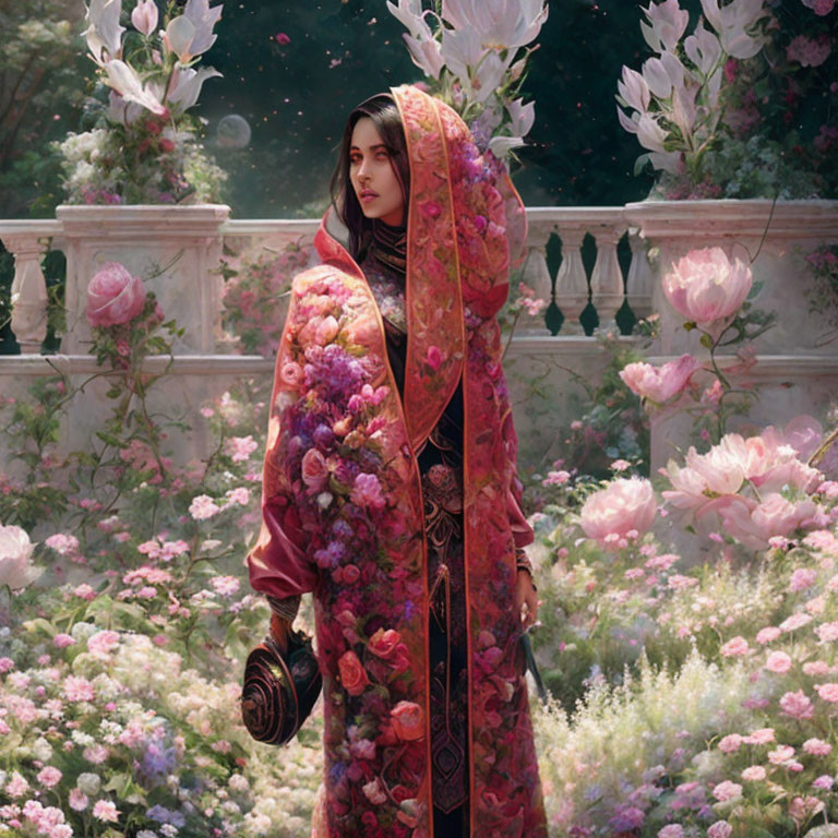 Woman in floral-patterned shawl surrounded by blossoming garden