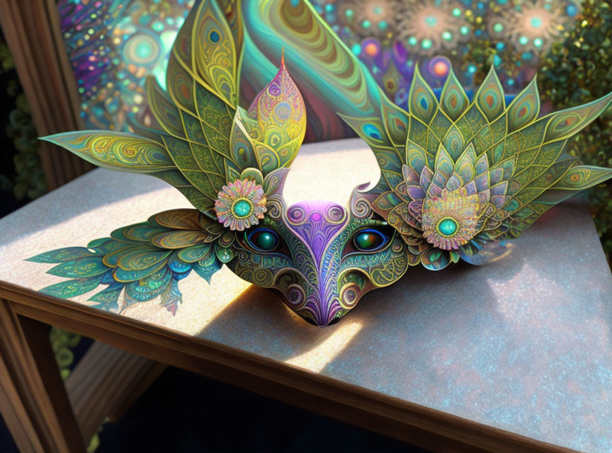 Colorful ornate mask with peacock feather patterns on wooden surface