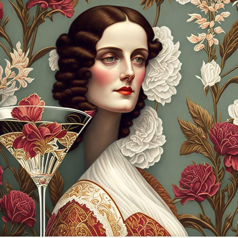 Stylized portrait of woman with braided hair and red lipstick, cocktail glass, floral backdrop
