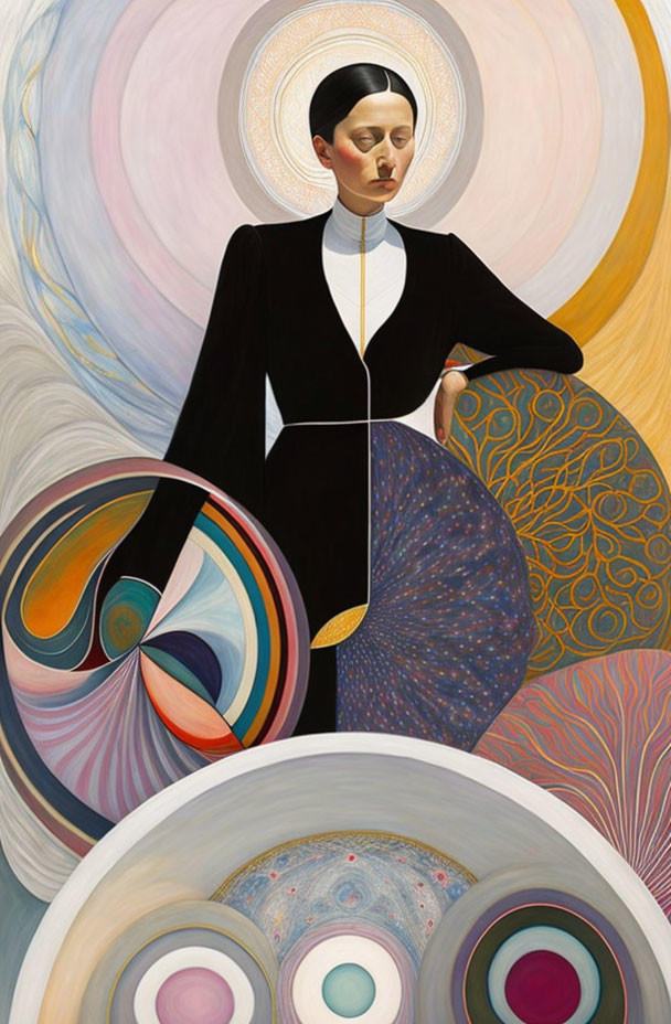 Abstract painting of woman in black outfit with white collar amidst colorful swirls and circular patterns