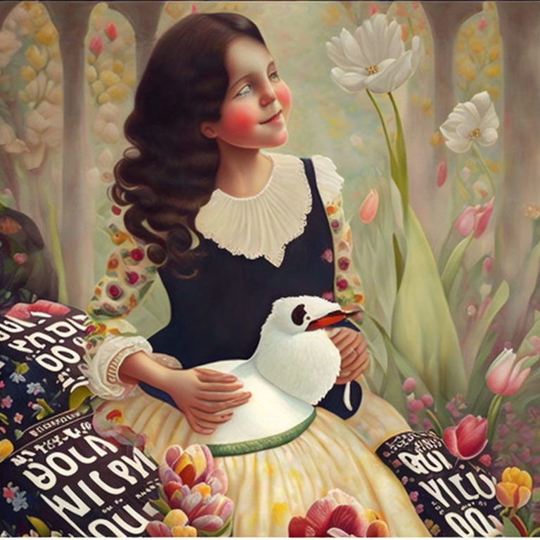 Whimsical illustration of girl with rosy cheeks holding a white bird in vibrant garden