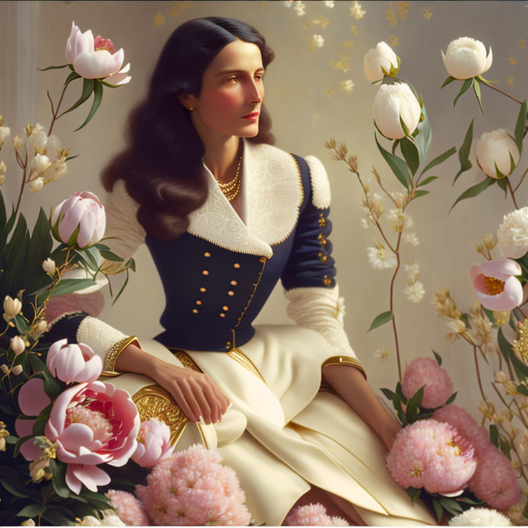 Portrait of Woman in Vintage Clothing Surrounded by Pink Flowers