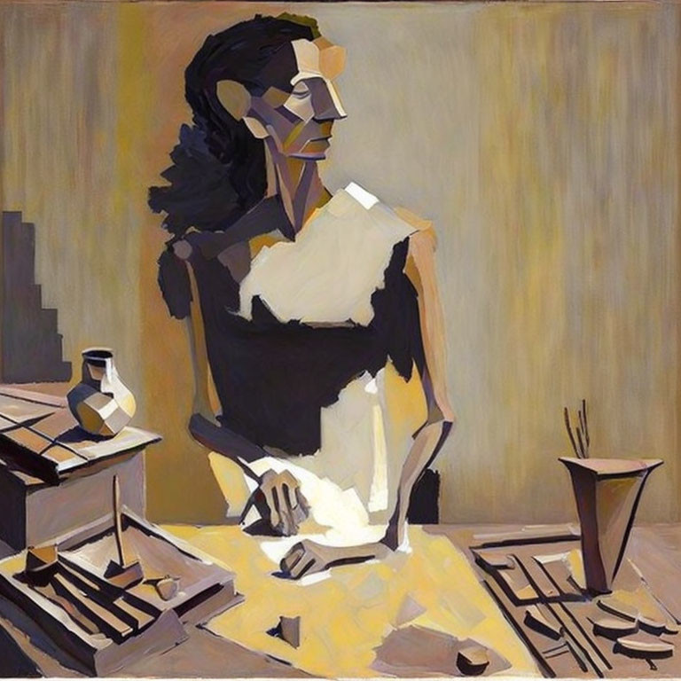 Cubist style painting of seated figure with fragmented planes and objects in yellow-toned room