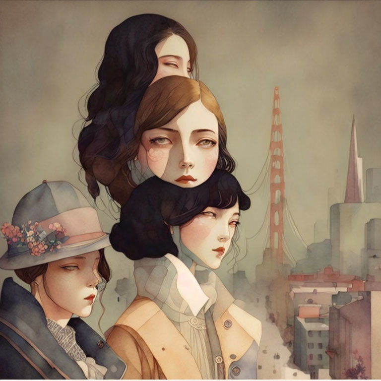 Illustration of three women with unique styles against cityscape with red bridge.