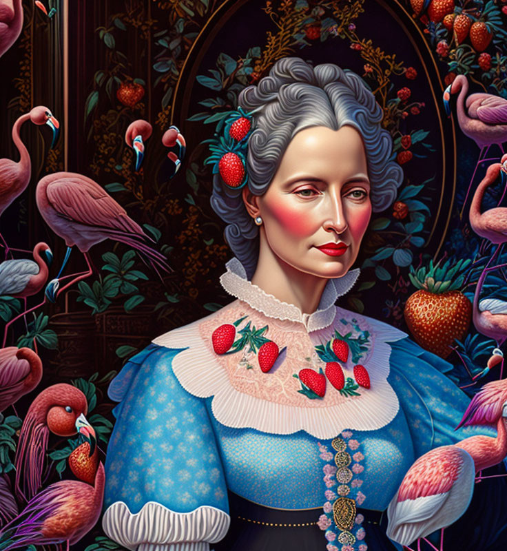 Illustrated portrait of woman in historical dress with strawberries and pink flamingos.