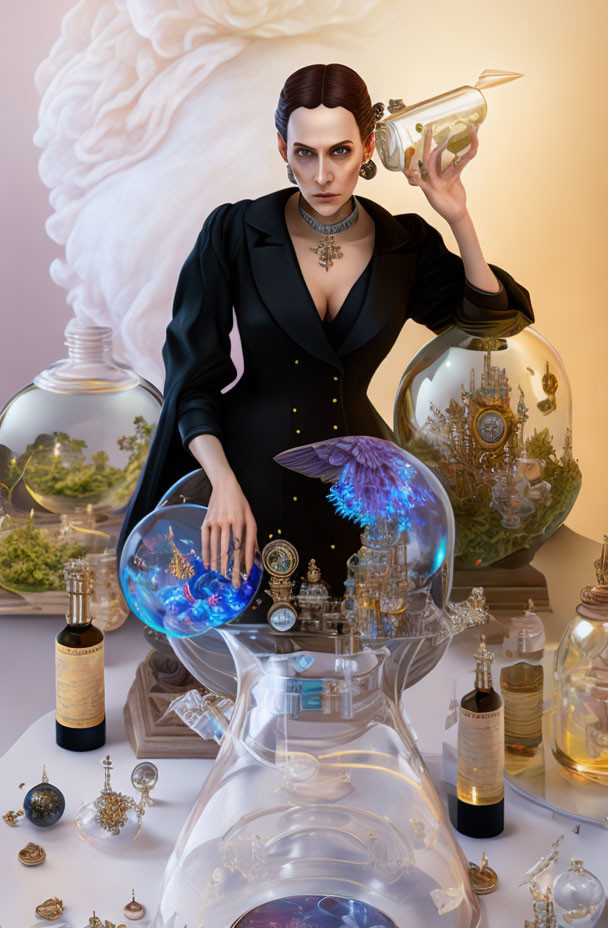 Woman in black dress with mystical orb and mechanical objects in modern alchemist theme.