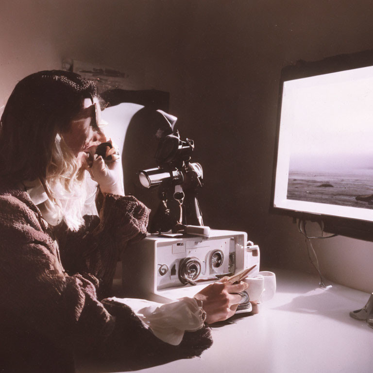 Person in Beret Viewing Landscape on Camera Monitor