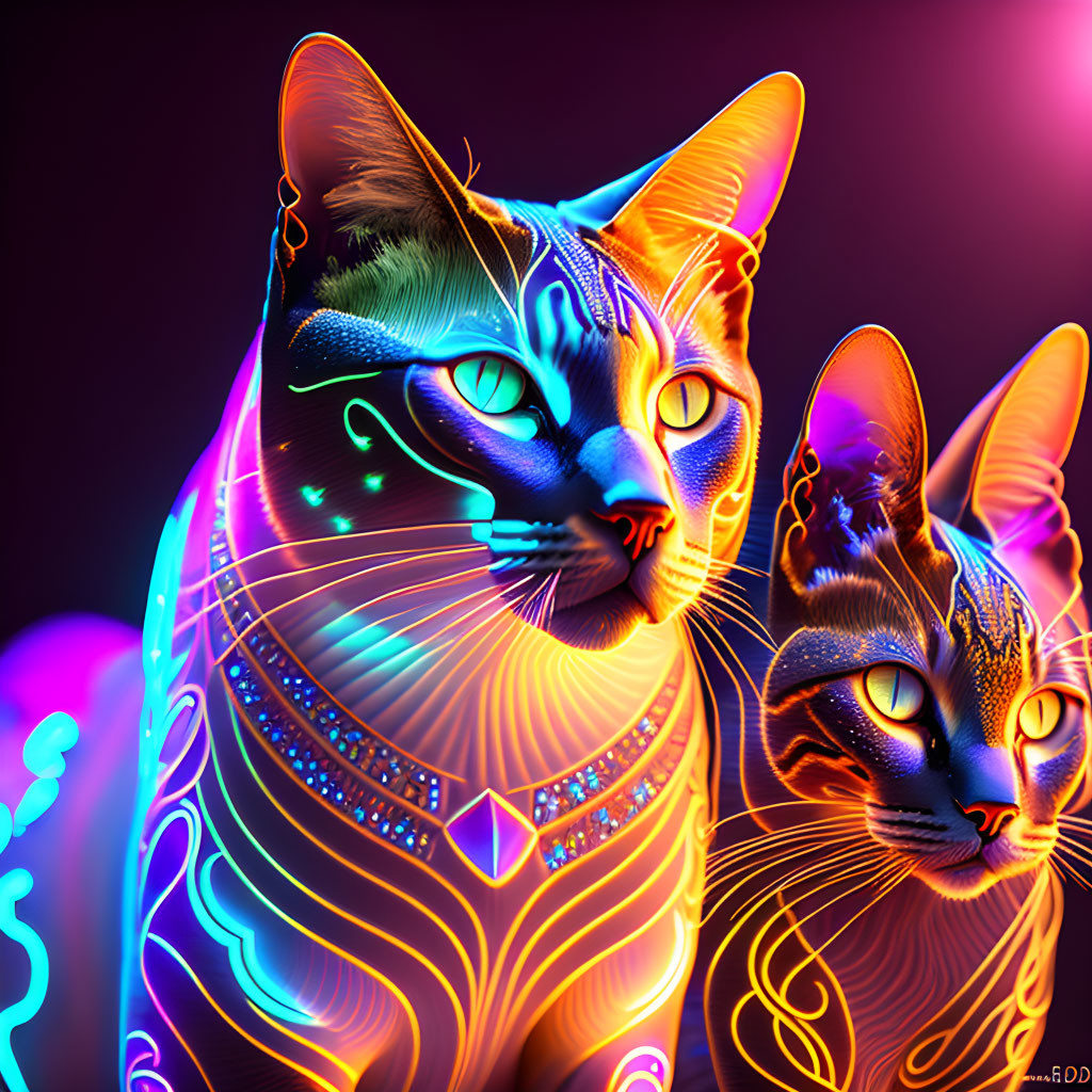 Neon-lit cats with intricate patterns on dark purple background