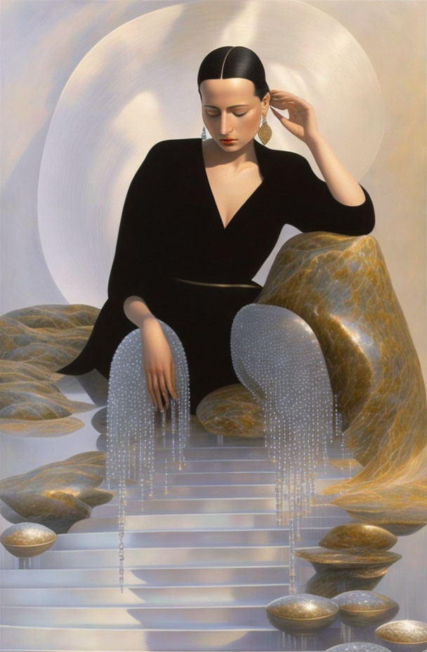 Surreal painting of woman in black on stair-like structure with water, rocks, and large moon