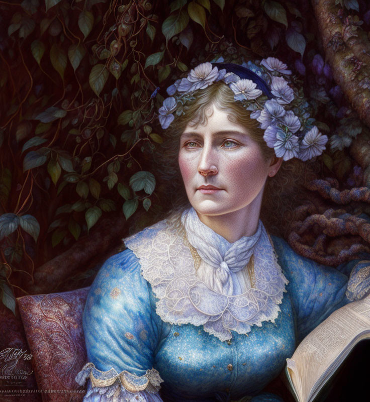 Portrait of woman in blue dress with lace collar, flower crown, book, tree.