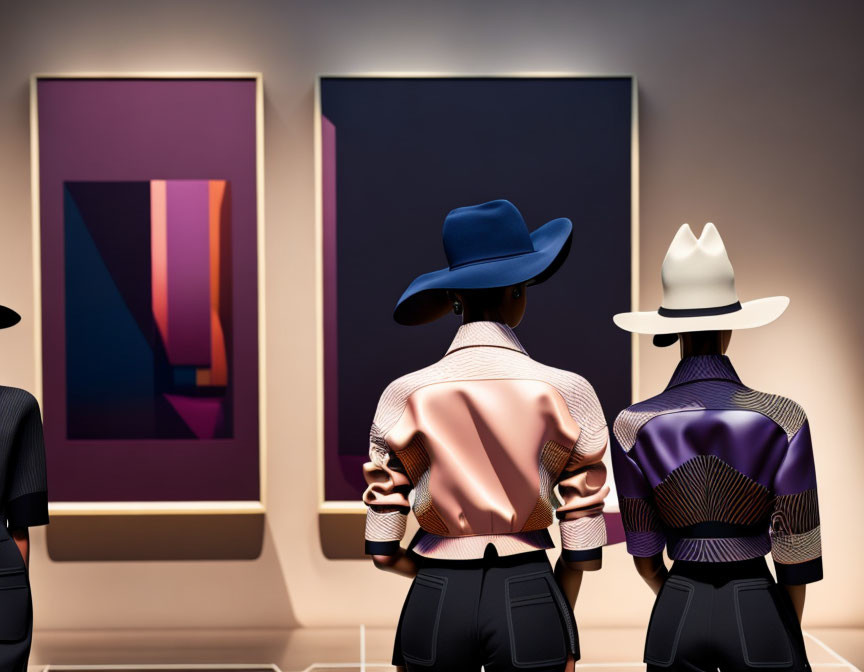 Stylish mannequins with hats and jackets in front of abstract art pieces