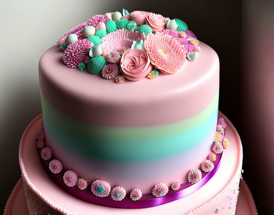 Pink and Teal Gradient Two-Tiered Cake with Sugar Flowers and Pearls