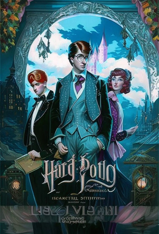 Stylized Harry Potter characters with castle in magical frame