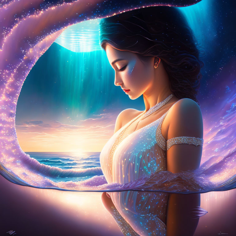Digital Artwork: Woman with Celestial Features in Cosmic Sunset