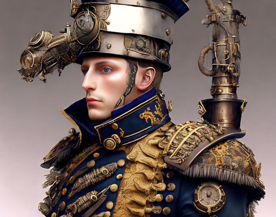 Highly detailed ornate military uniform with gold embroidery and decorated hat