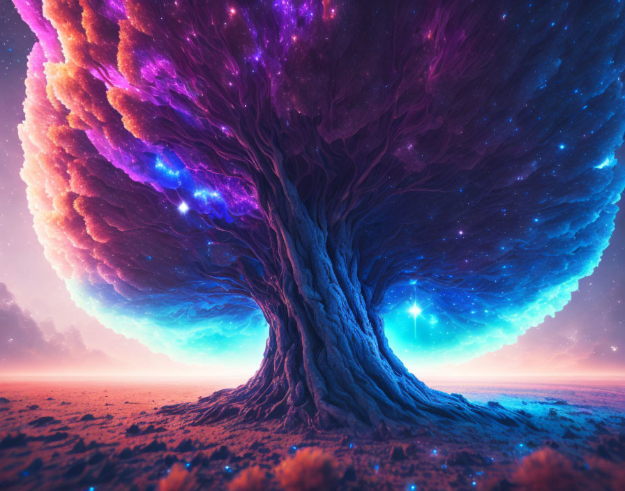 Giant tree with nebula canopy under twilight sky