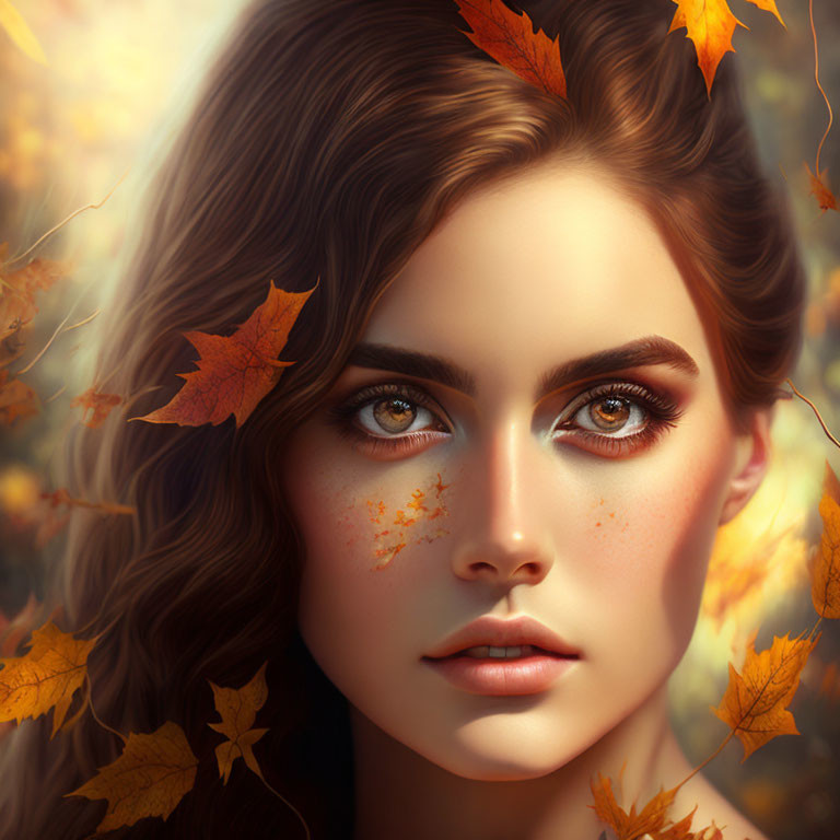Close-up of woman's face with sparkling eyes and freckles in autumn leaves