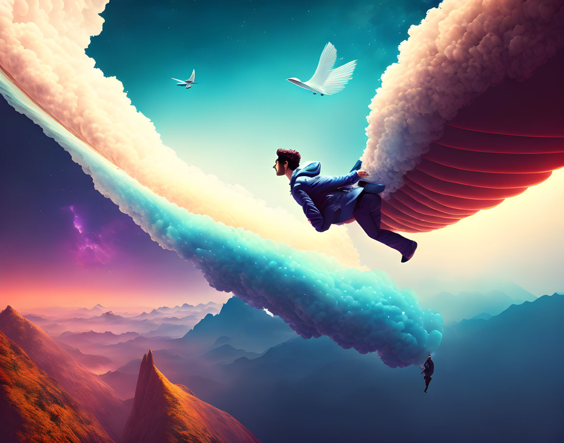 Person with wings flying among feather-shaped clouds in surreal sunset scene